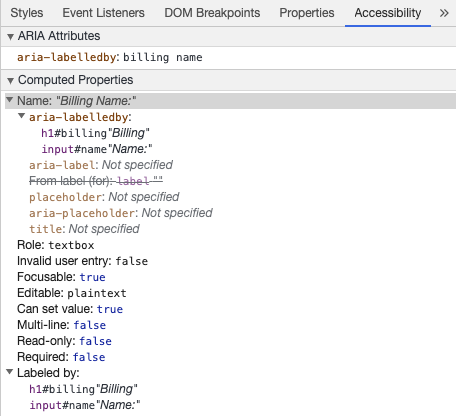 Outils de développeur de Chrome montrant le nom du champs accessible via aria-labelledby